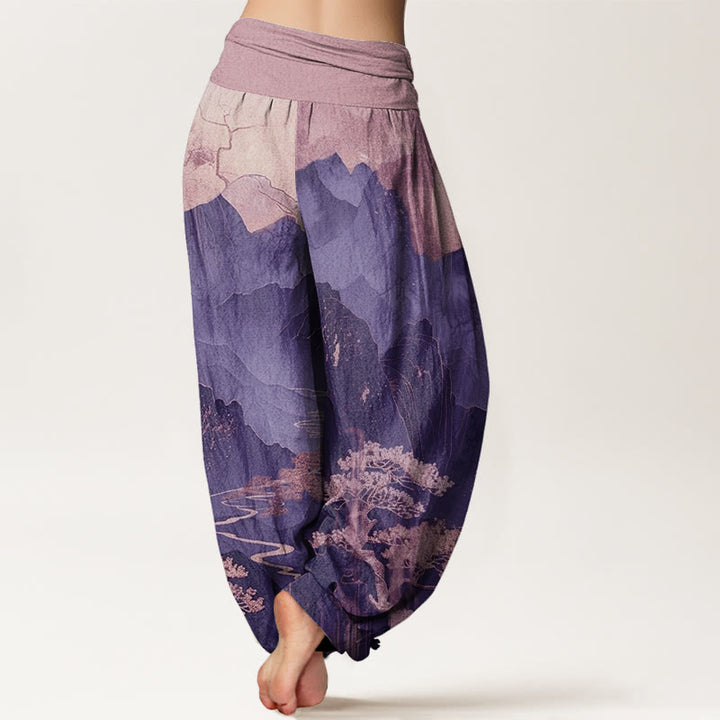 Pantaloni harem da donna con elastico in vita, motivo Buddha Stones, montagne, alberi e rami - image 10