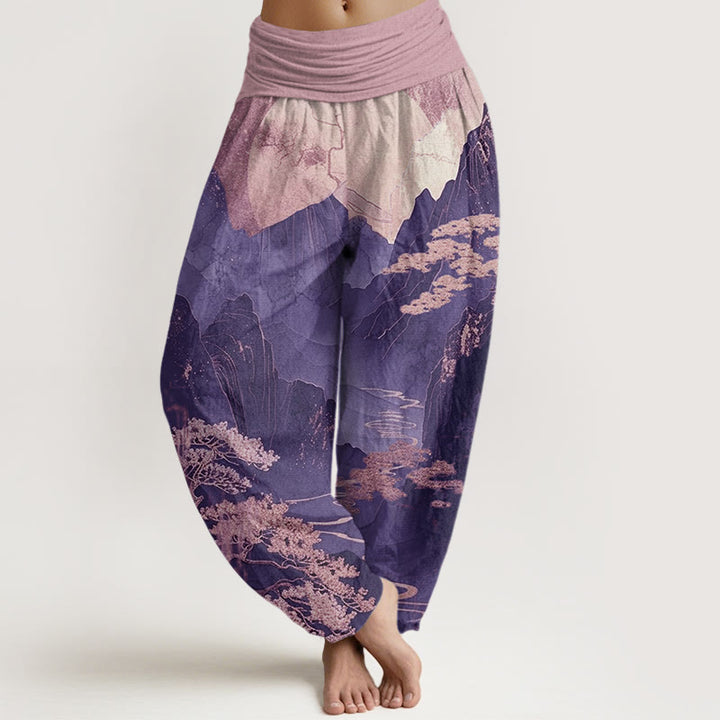 Pantaloni harem da donna con elastico in vita, motivo Buddha Stones, montagne, alberi e rami - DarkOrchid - US22, UK/AU26, EU54 (6XL) - image 8