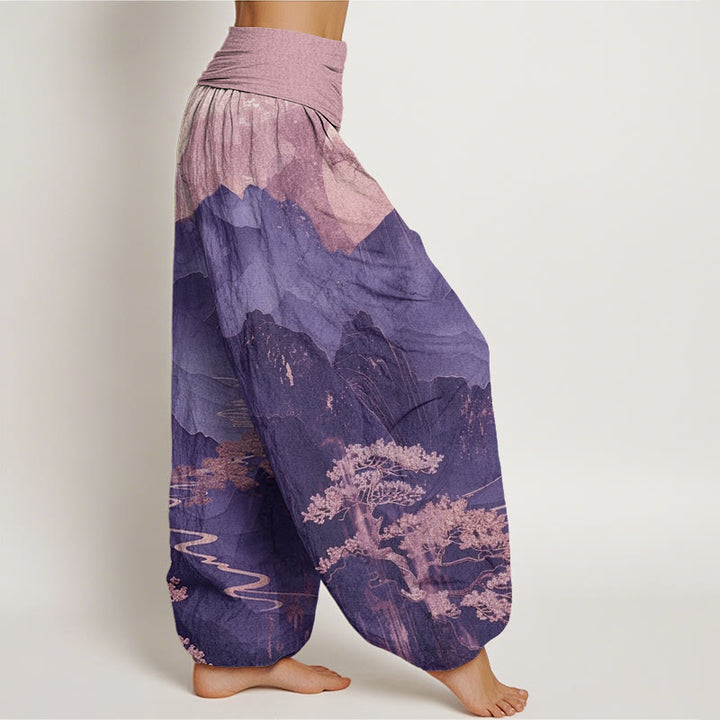 Pantaloni harem da donna con elastico in vita, motivo Buddha Stones, montagne, alberi e rami - image 9