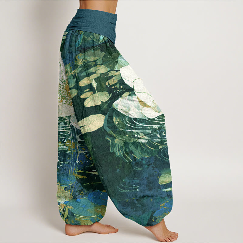 Pantaloni harem da donna con elastico in vita, in cotone, casual e affascinanti, con motivo a fiori di loto, motivo Buddha Stones - image 1