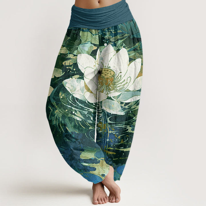 Pantaloni harem da donna con elastico in vita e motivo a fiori di loto, casual e affascinanti, Buddha Stones - SeaGreen - US22, UK/AU26, EU54 (6XL) - image 1