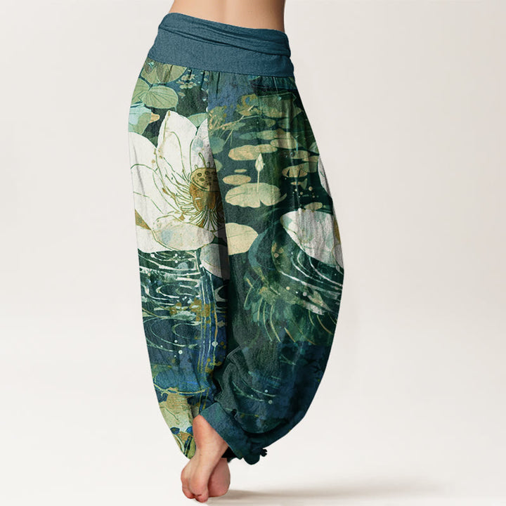 Pantaloni harem da donna con elastico in vita, in cotone, casual e affascinanti, con motivo a fiori di loto, motivo Buddha Stones - image 2