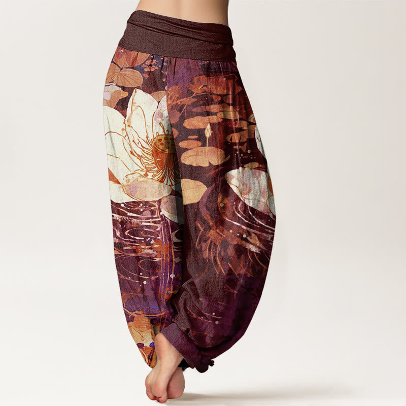 Pantaloni harem da donna con elastico in vita, in cotone, casual e affascinanti, con motivo a fiori di loto, motivo Buddha Stones - image 6