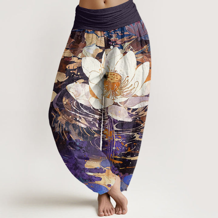 Pantaloni harem da donna con elastico in vita e motivo a fiori di loto, casual e affascinanti, Buddha Stones - Indaco - US22, UK/AU26, EU54 (6XL) - image 8
