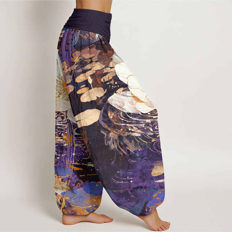 Pantaloni harem da donna con elastico in vita, in cotone, casual e affascinanti, con motivo a fiori di loto, motivo Buddha Stones - image 8