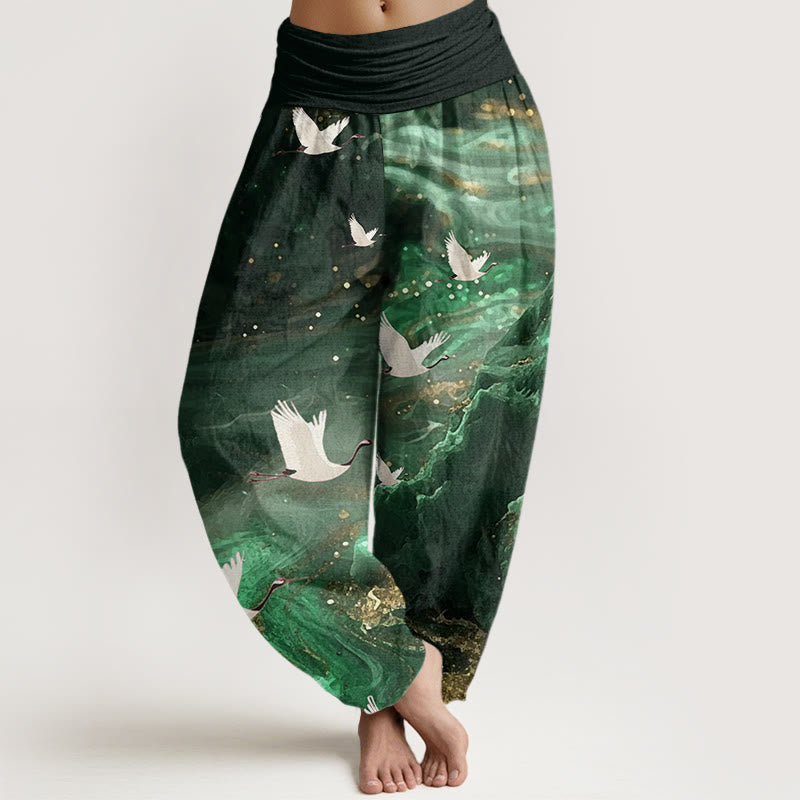 Pantaloni harem da donna con elastico in vita e motivo a gru volante, stile casual, motivo Buddha Stones - Verde foresta - US22, UK/AU26, EU54 (6XL) - image 1
