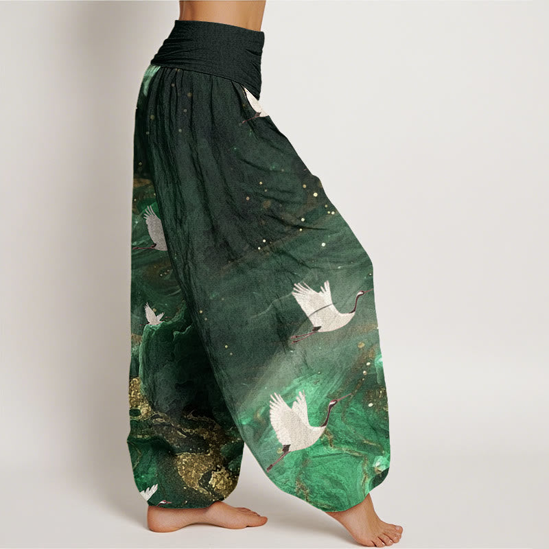 Pantaloni harem da donna con elastico in vita, in cotone, casual, motivo gru volante, motivo Buddha Stones - image 1