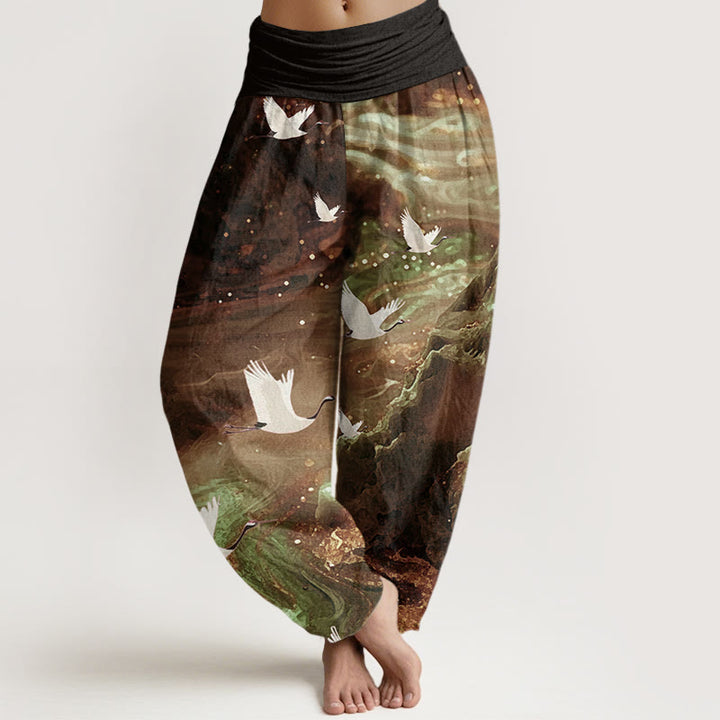Pantaloni harem da donna con elastico in vita e motivo a gru volante, stile casual, motivo Buddha Stones - Marrone sella - US22, UK/AU26, EU54 (6XL) - image 5