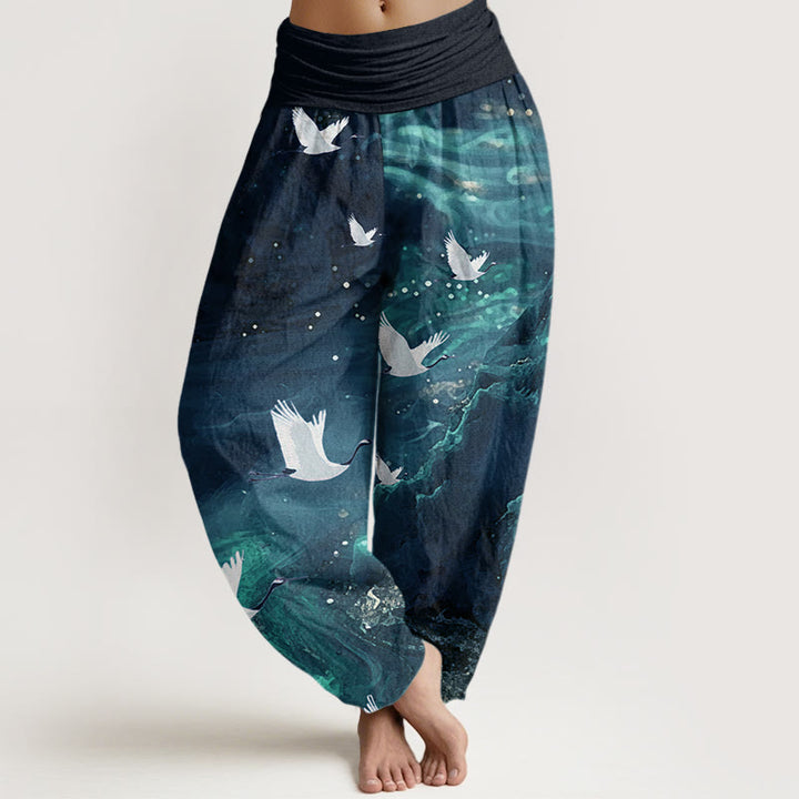 Pantaloni harem da donna con elastico in vita e motivo a gru volante, stile casual, motivo Buddha Stones - Blu notte - US22, UK/AU26, EU54 (6XL) - image 8