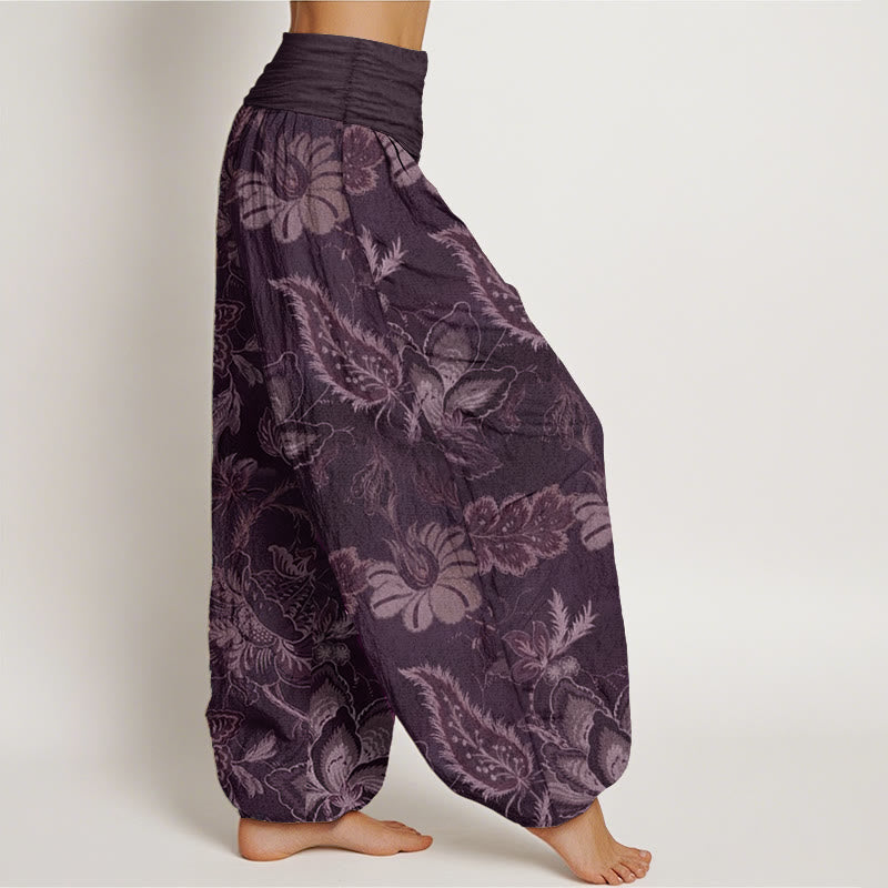 Pantaloni harem da donna in puro cotone con elastico in vita e motivo floreale, stile casual, motivo Buddha Stones