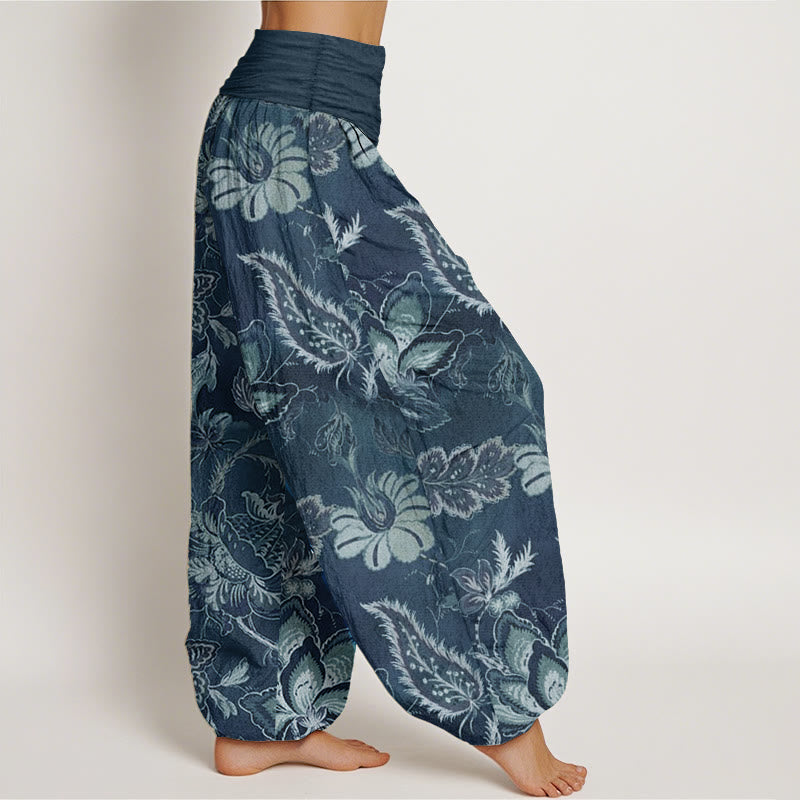 Pantaloni harem da donna in puro cotone con elastico in vita e motivo floreale, stile casual, motivo Buddha Stones