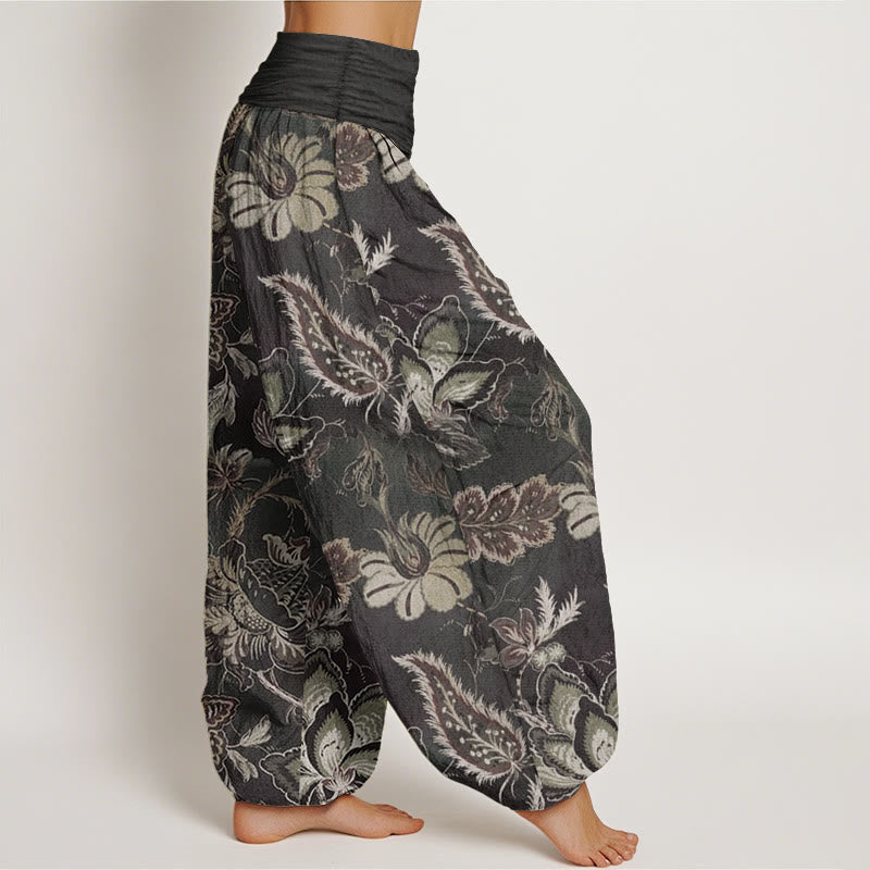 Pantaloni harem da donna in puro cotone con elastico in vita e motivo floreale, stile casual, motivo Buddha Stones