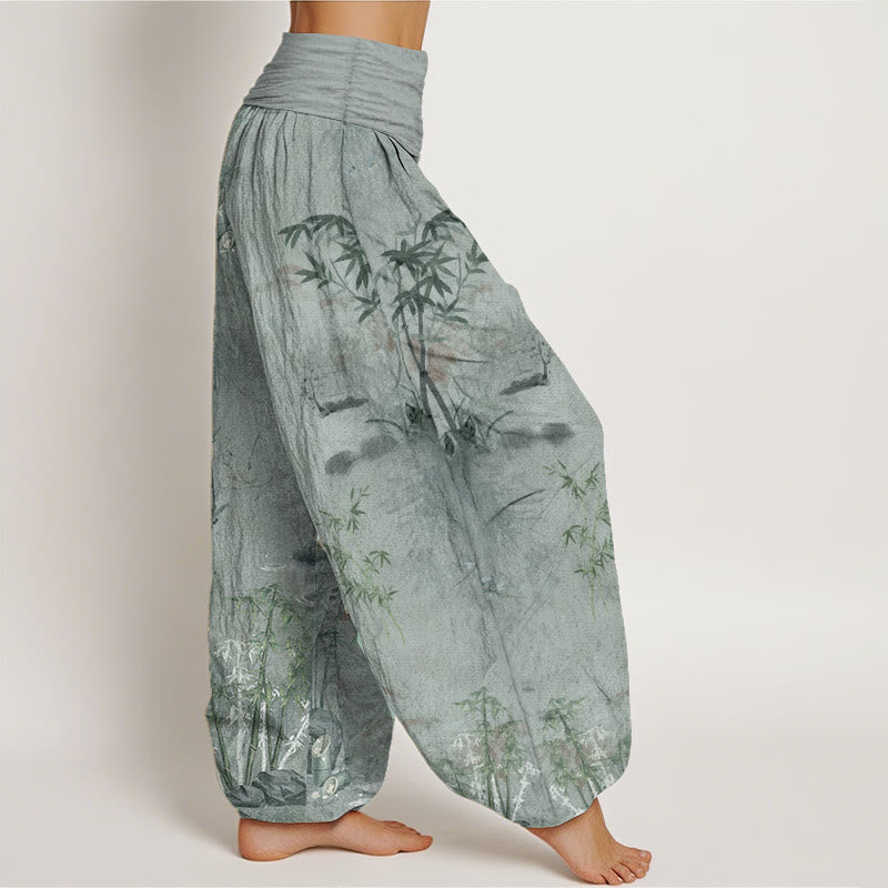 Pantaloni harem da donna con elastico in vita, in puro cotone, casual, con Buddha Stones di bambù e pittura a inchiostro - image 11