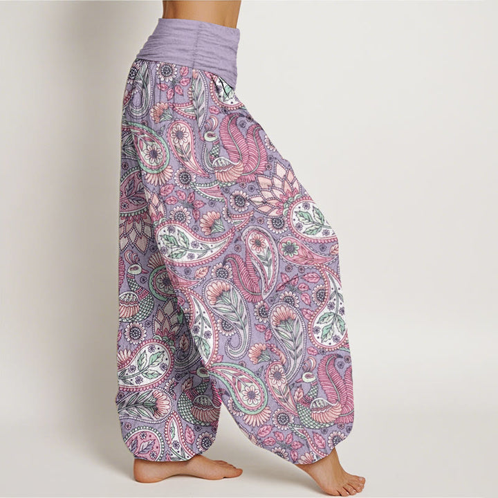 Pantaloni harem da donna con elastico in vita, in puro cotone, con motivo a fiori di anacardi, pavone e girasole, motivo Buddha Stones