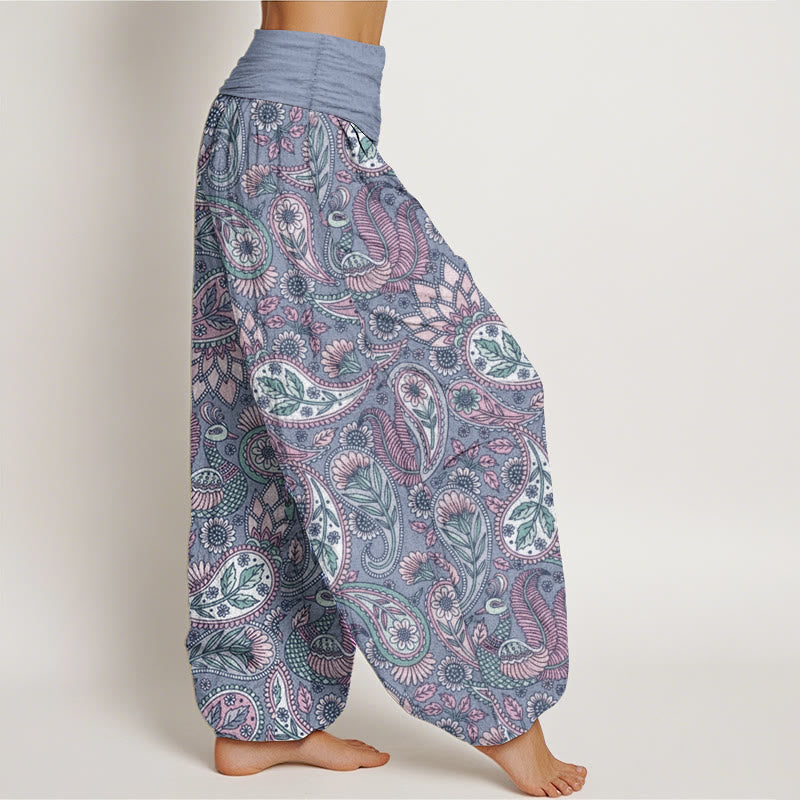 Pantaloni harem da donna con elastico in vita, in puro cotone, con motivo a fiori di anacardi, pavone e girasole, motivo Buddha Stones