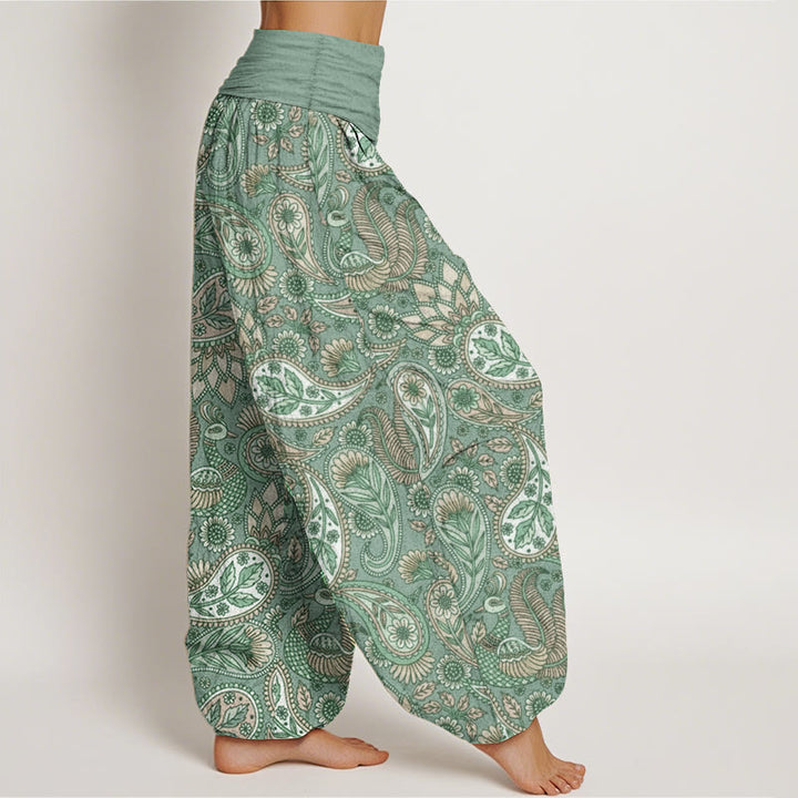 Pantaloni harem da donna con elastico in vita, in puro cotone, con motivo a fiori di anacardi, pavone e girasole, motivo Buddha Stones