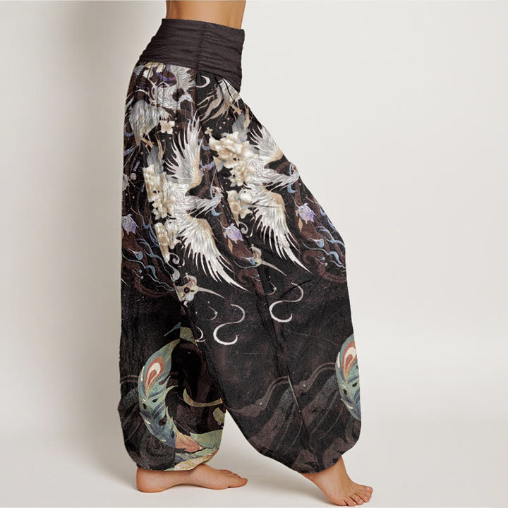 Pantaloni harem da donna in puro cotone con motivo a fiori di fenice, con elastico in vita, Buddha Stones