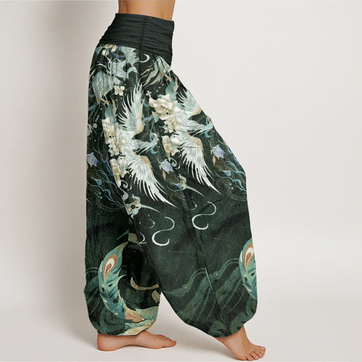 Pantaloni harem da donna in puro cotone con motivo a fiori di fenice, con elastico in vita, Buddha Stones