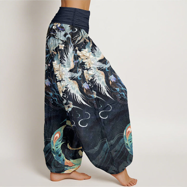 Pantaloni harem da donna in puro cotone con motivo a fiori di fenice, con elastico in vita, Buddha Stones