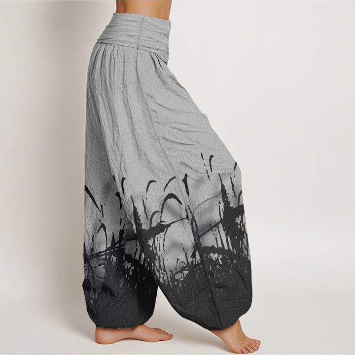 Pantaloni harem da donna con elastico in vita, in puro cotone con motivo erba selvatica, motivo Buddha Stones