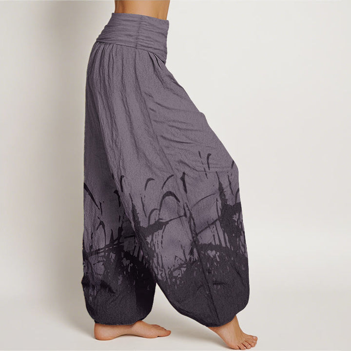 Pantaloni harem da donna con elastico in vita, in puro cotone con motivo erba selvatica, motivo Buddha Stones