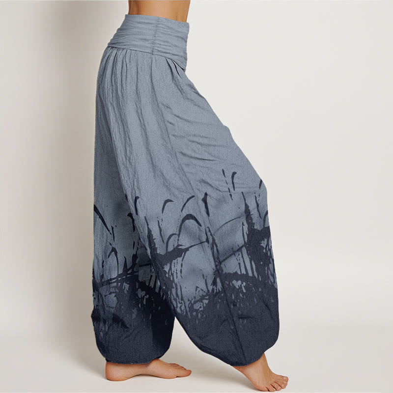 Pantaloni harem da donna con elastico in vita, in puro cotone con motivo erba selvatica, motivo Buddha Stones