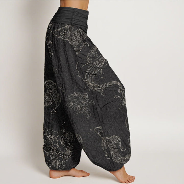 Pantaloni harem da donna con elastico in vita, in puro cotone, con motivo floreale a pesci koi, motivo Buddha Stones