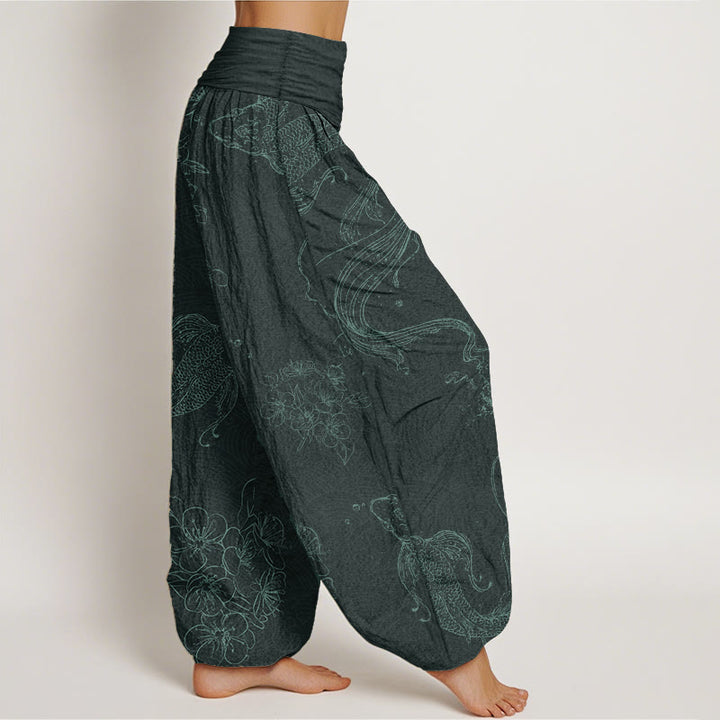 Pantaloni harem da donna con elastico in vita, in puro cotone, con motivo floreale a pesci koi, motivo Buddha Stones