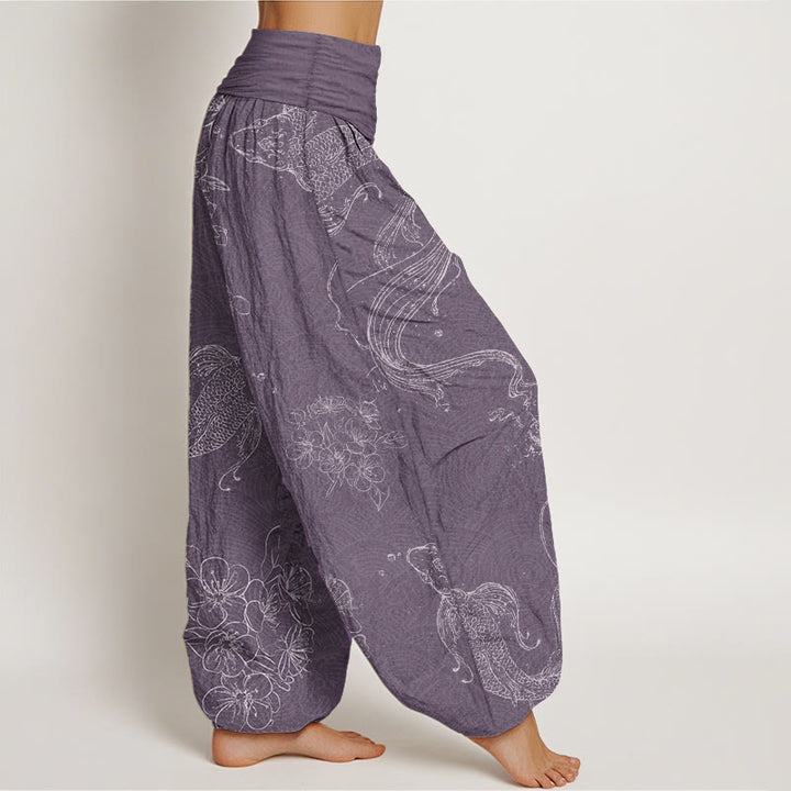 Pantaloni harem da donna con elastico in vita, in puro cotone, con motivo floreale a pesci koi, motivo Buddha Stones
