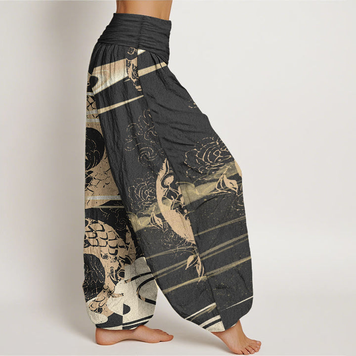 Pantaloni harem da donna in cotone puro con elastico in vita, motivo a serpente, motivo a nuvole di buon auspicio, Buddha Stones