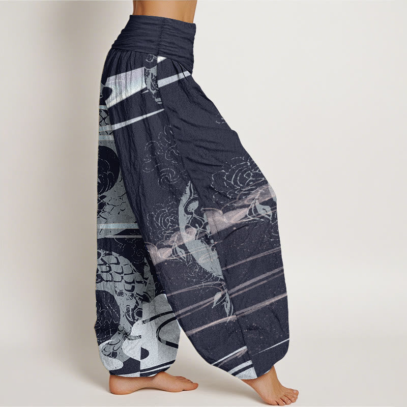 Pantaloni harem da donna in cotone puro con elastico in vita, motivo a serpente, motivo a nuvole di buon auspicio, Buddha Stones