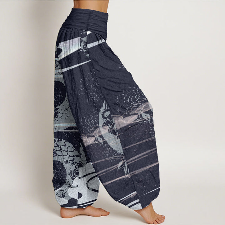 Pantaloni harem da donna in cotone puro con elastico in vita, motivo a serpente, motivo a nuvole di buon auspicio, Buddha Stones