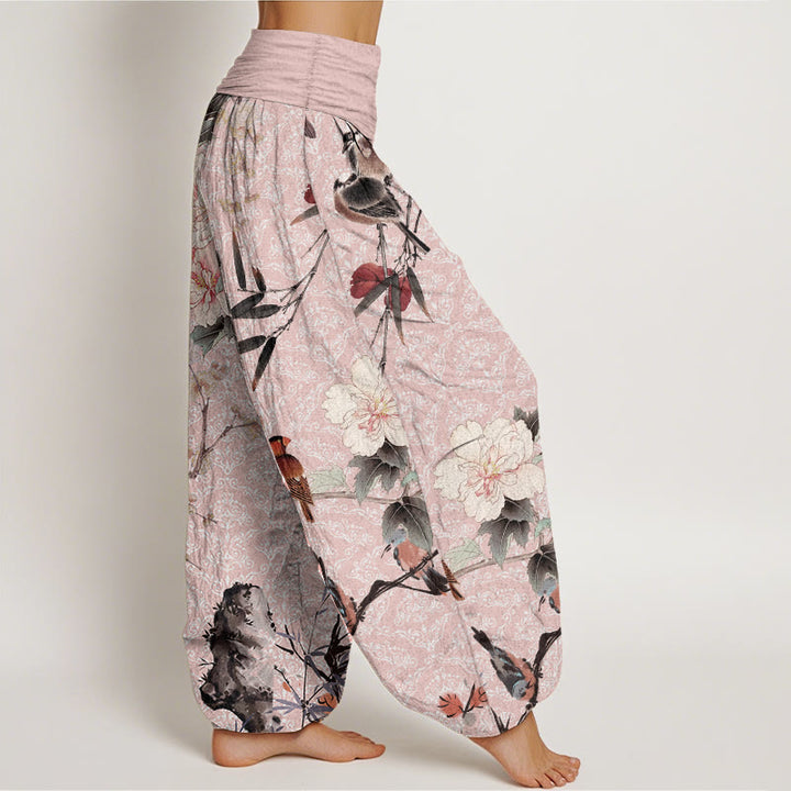 Pantaloni harem da donna con elastico in vita, motivo mandala, in puro cotone, con rami di fiori in fiore, motivo Buddha Stones.