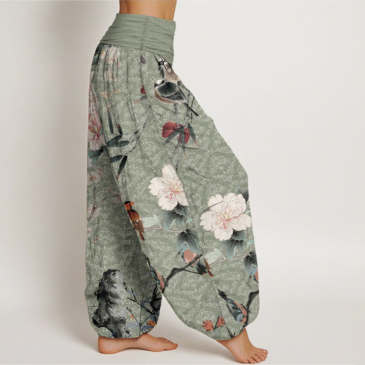 Pantaloni harem da donna con elastico in vita, motivo mandala, in puro cotone, con rami di fiori in fiore, motivo Buddha Stones.