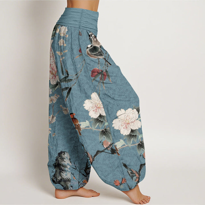 Pantaloni harem da donna con elastico in vita, motivo mandala, in puro cotone, con rami di fiori in fiore, motivo Buddha Stones.