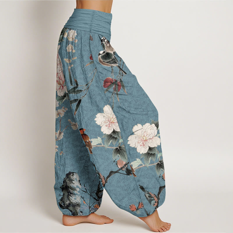 Pantaloni harem da donna con elastico in vita, motivo mandala, in puro cotone, con rami di fiori in fiore, motivo Buddha Stones. - image 7