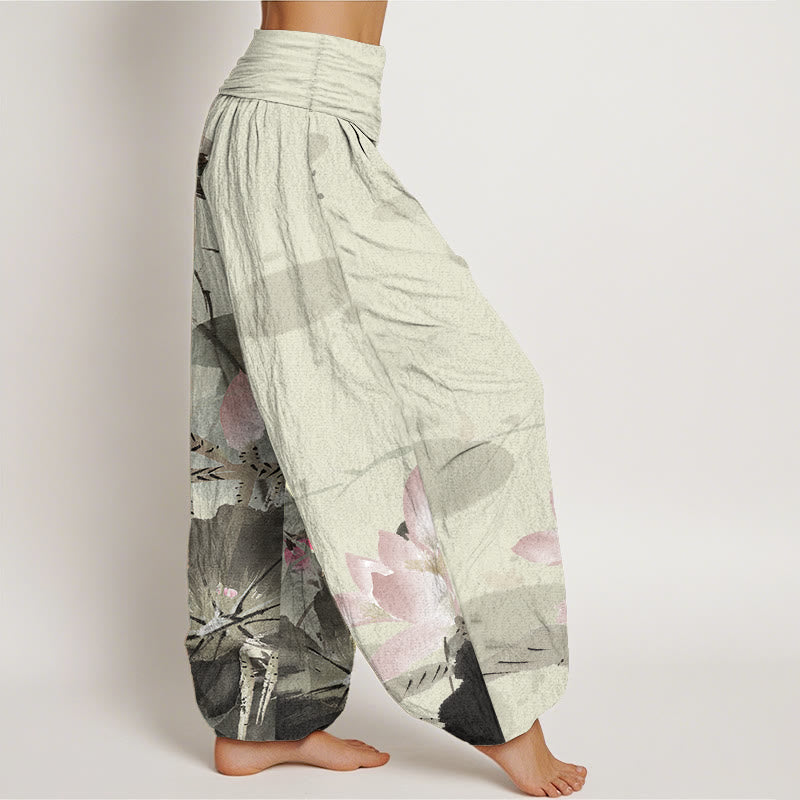 Pantaloni harem da donna con elastico in vita, in puro cotone, con motivo a uccelli e foglie di loto rosa, motivo Buddha Stones