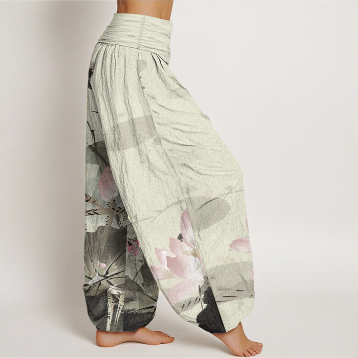 Pantaloni harem da donna con elastico in vita, in puro cotone, con motivo a uccelli e foglie di loto rosa, motivo Buddha Stones