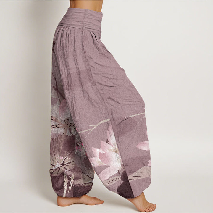 Pantaloni harem da donna con elastico in vita, in puro cotone, con motivo a uccelli e foglie di loto rosa, motivo Buddha Stones