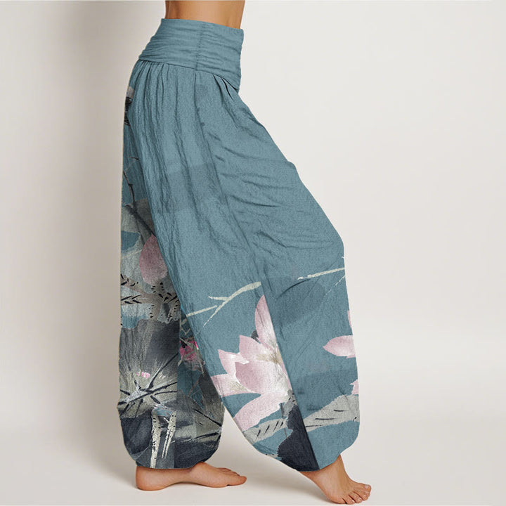 Pantaloni harem da donna con elastico in vita, in puro cotone, con motivo a uccelli e foglie di loto rosa, motivo Buddha Stones