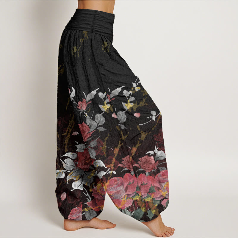 Pantaloni harem da donna in cotone elasticizzato con motivo a rose in fiore, modello Buddha Stones