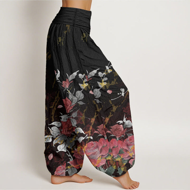Pantaloni harem da donna in cotone elasticizzato con motivo a rose in fiore, modello Buddha Stones