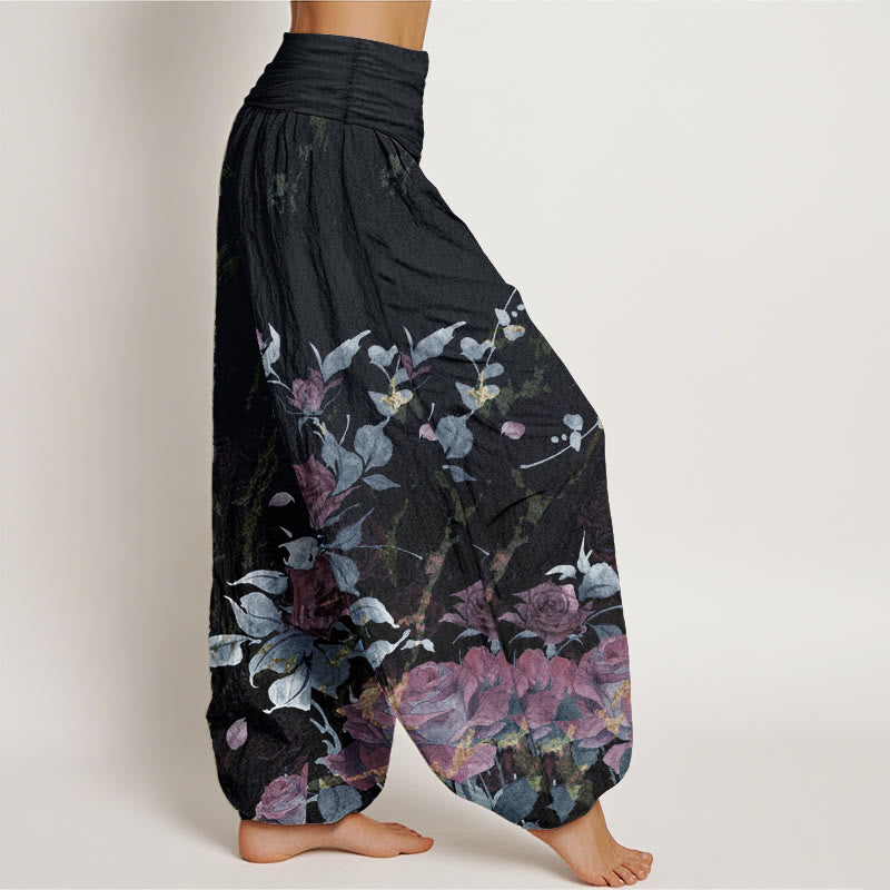Pantaloni harem da donna in cotone elasticizzato con motivo a rose in fiore, modello Buddha Stones