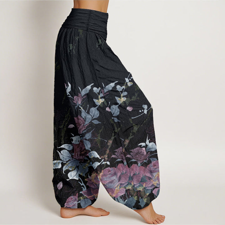 Pantaloni harem da donna in cotone elasticizzato con motivo a rose in fiore, modello Buddha Stones