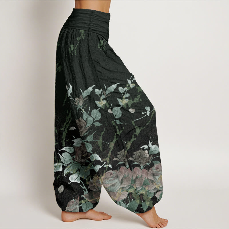 Pantaloni harem da donna in cotone elasticizzato con motivo a rose in fiore, modello Buddha Stones