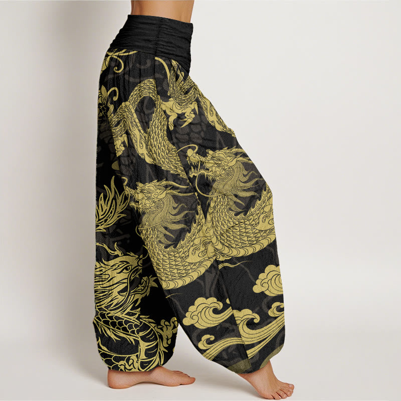 Pantaloni harem da donna con elastico in vita, in puro cotone, con Buddha Stones drago e nuvole di buon auspicio