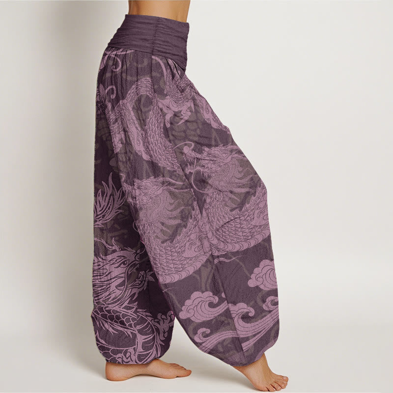 Pantaloni harem da donna con elastico in vita, in puro cotone, con Buddha Stones drago e nuvole di buon auspicio