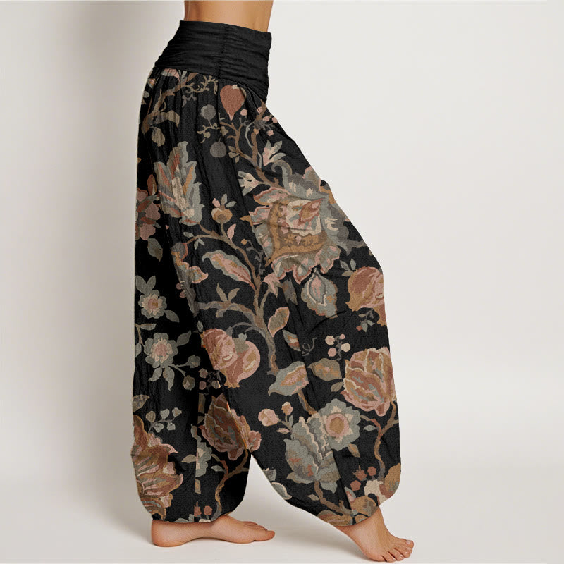 Pantaloni harem da donna in cotone puro con elastico in vita, motivo: Buddha Stones, fiori in fiore e boccioli.