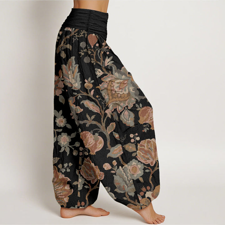 Pantaloni harem da donna in cotone puro con elastico in vita, motivo: Buddha Stones, fiori in fiore e boccioli.