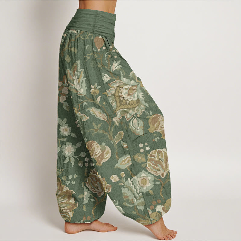 Pantaloni harem da donna in cotone puro con elastico in vita, motivo: Buddha Stones, fiori in fiore e boccioli.
